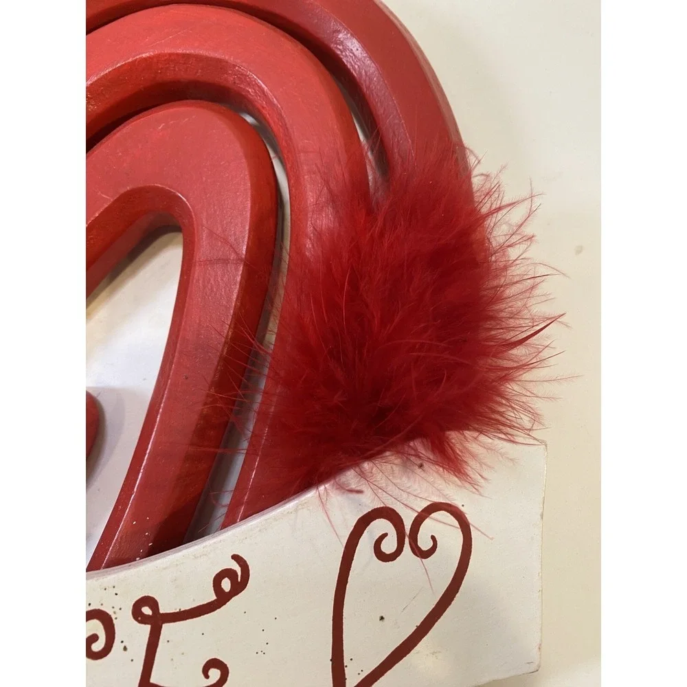 VALENTINE'S DAY HEARTS HANGER Door Wall Art SIGN Hanging Plaque w/feather accent